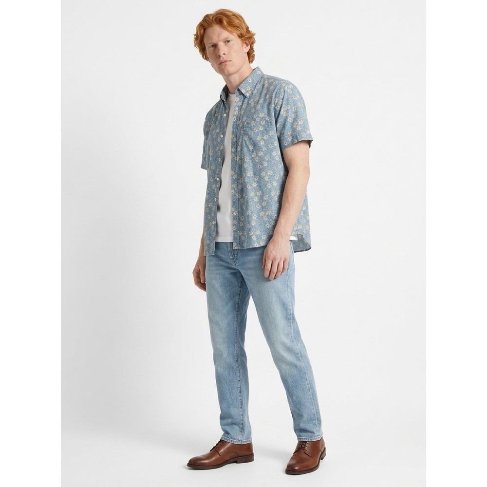 (B26/5)J Crew Button Up‎ Shirt Daisy Floral Mens Blue Casual Short Sleeve Size L